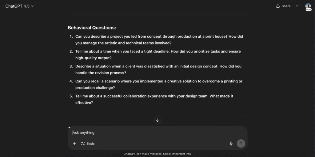 Based on the job description and my resume, generate a list of the 15 most likely interview questions you will ask me. Include a mix of behavioral questions (like 'Tell me about a time when...'), technical questions relevant to the role, and situational questions.
