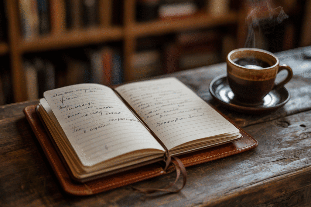 A notebook with handwritten ideas and a cup of coffee, symbolizing brainstorming