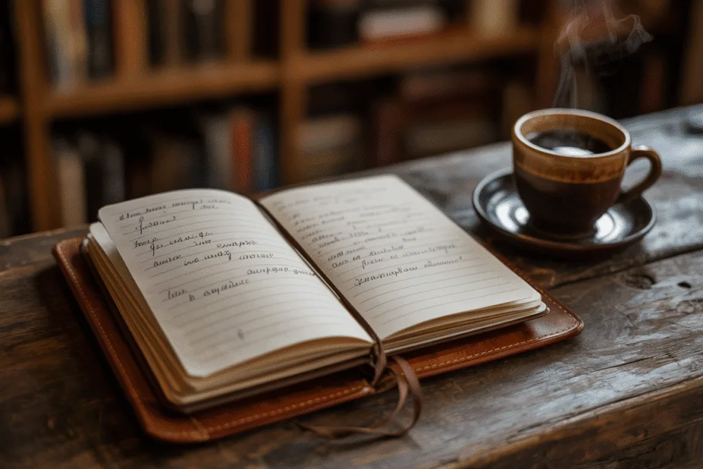 A notebook with handwritten ideas and a cup of coffee, symbolizing brainstorming