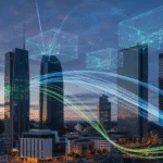 A modern cityscape of Luxembourg with futuristic AI and tech startup elements,
