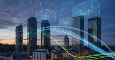 A modern cityscape of Luxembourg with futuristic AI and tech startup elements,