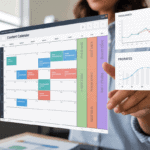 SEO content calendar showing an interactive planning dashboard with events, priorities and workflow tracking